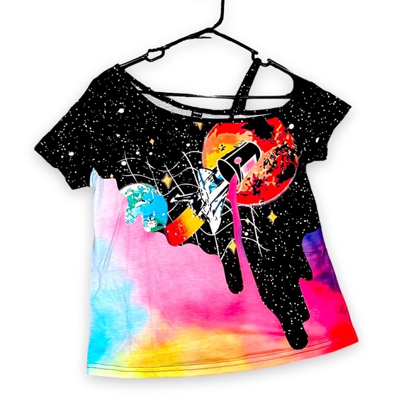 Tops - New Woman’s Artistic Galaxy Rainbow Pour Paint Bucket Unique Cold Shoulder Tee